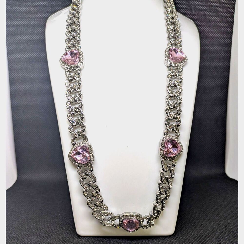 Brand New Womens 20 In. Silver Tone Cuban Link Heart Necklace With Pink/White CZ